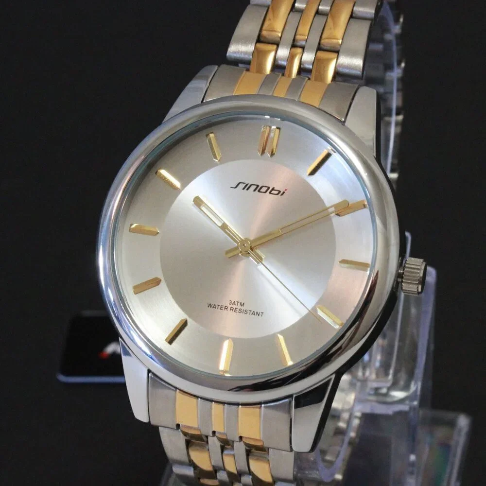 Men's Casual Watch Two Tone Silver Sunburst Dial Gold Hands, Indices 38mm